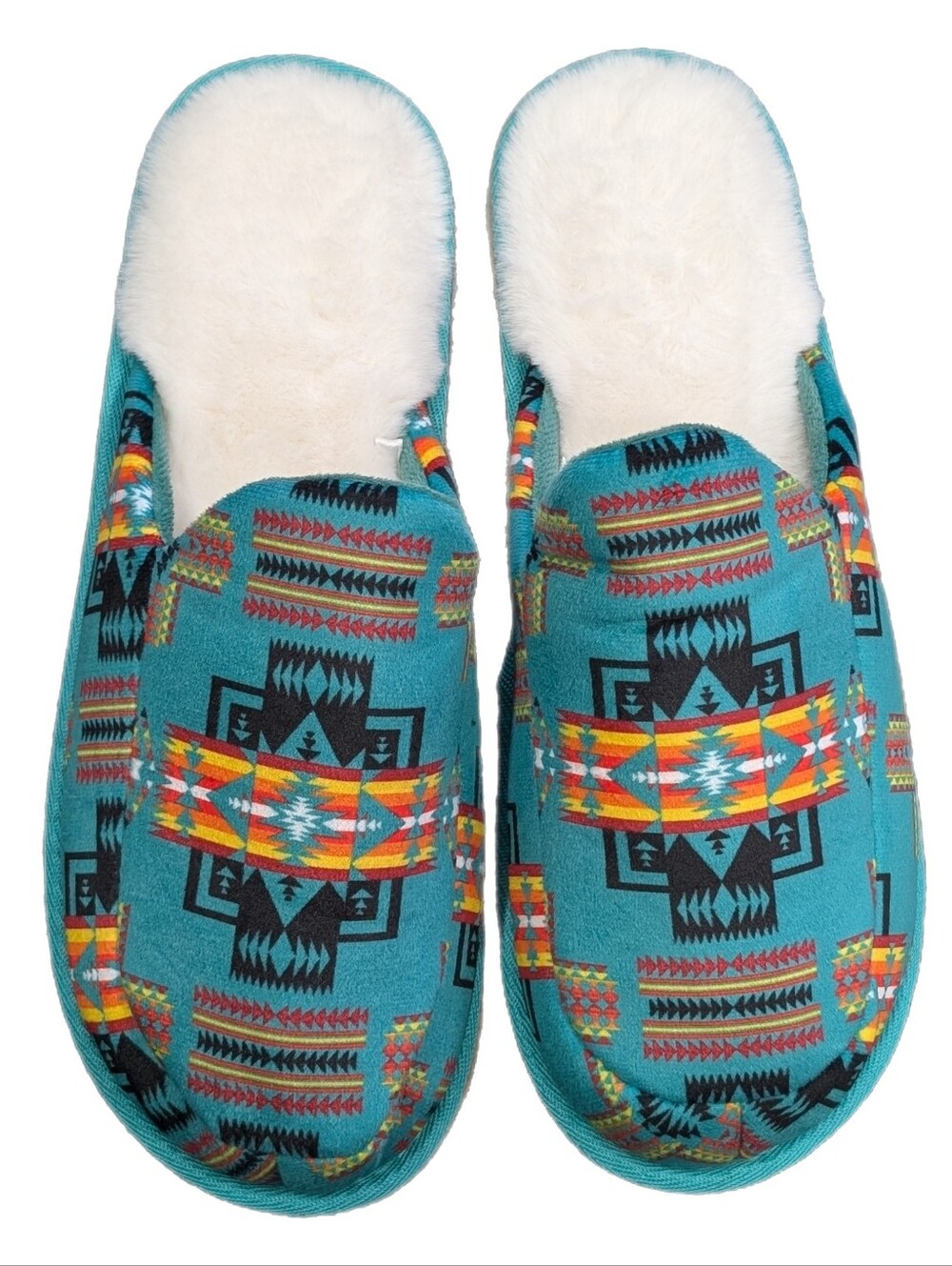 Turquoise Aztec Pattern Cozy Fleece-Lined Slippers Size XL